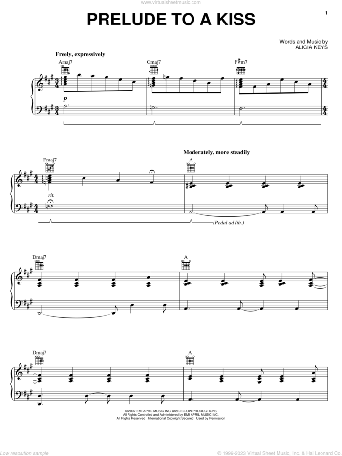 Prelude To A Kiss sheet music for voice, piano or guitar by Alicia Keys, intermediate skill level