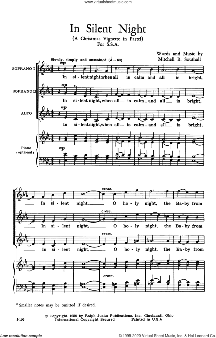 In Silent Night (A Christmas Vignette in Pastel) sheet music for choir (SSA: soprano, alto) by Mitchell B. Southall, intermediate skill level