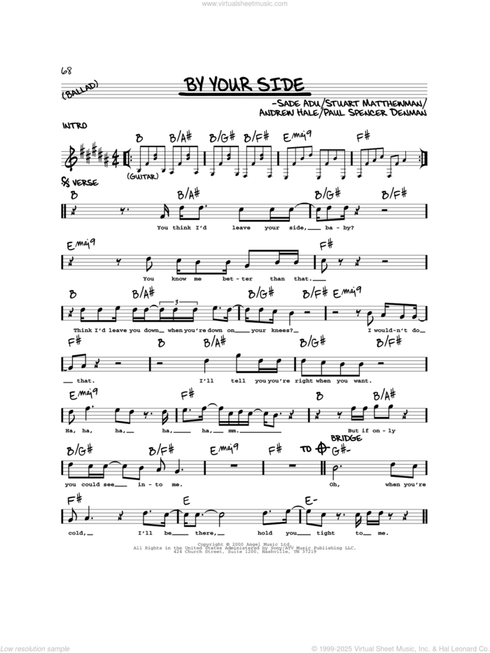 By Your Side sheet music for voice and other instruments (real book) by Sade, Andrew Hale, Paul Spencer Denman, Sade Adu and Stuart Matthewman, intermediate skill level