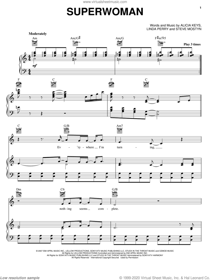 Superwoman sheet music for voice, piano or guitar by Alicia Keys, Linda Perry and Steve Mostyn, intermediate skill level