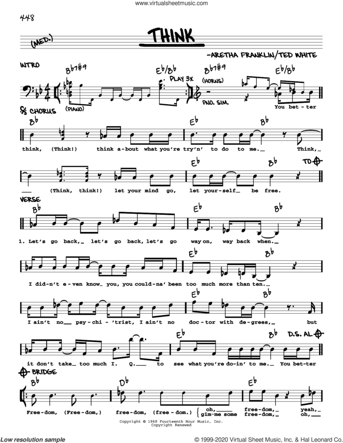 Think sheet music for voice and other instruments (real book) by Aretha Franklin and Ted White, intermediate skill level