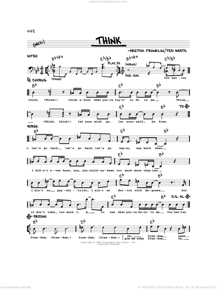 Think sheet music for voice and other instruments (real book) by Aretha Franklin and Ted White, intermediate skill level