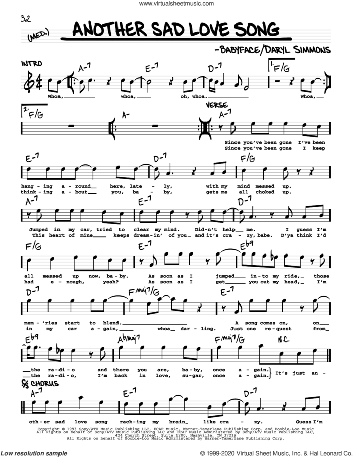 Another Sad Love Song sheet music for voice and other instruments (real book) by Toni Braxton, Babyface and Daryl Simmons, intermediate skill level