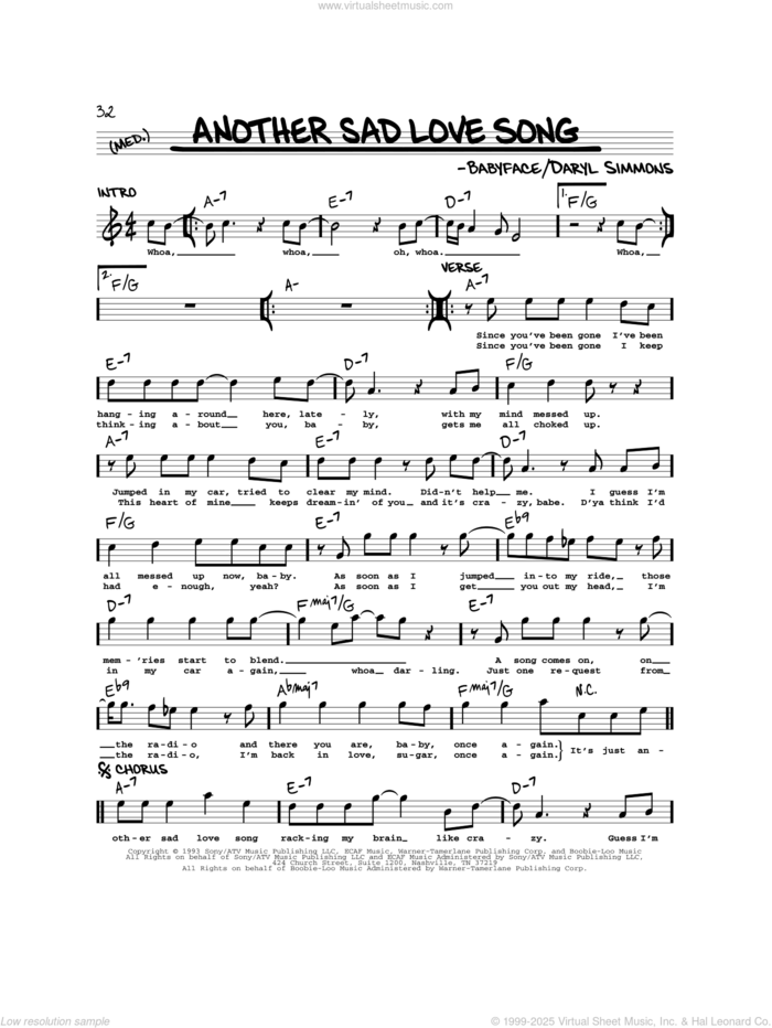 Another Sad Love Song sheet music for voice and other instruments (real book) by Toni Braxton, Babyface and Daryl Simmons, intermediate skill level