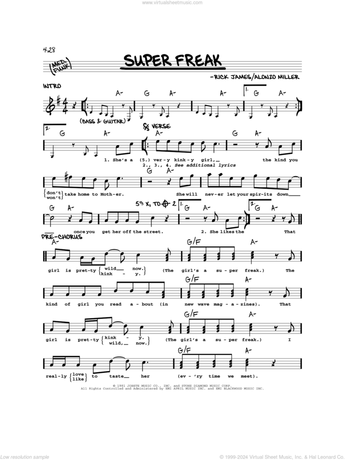 Super Freak sheet music for voice and other instruments (real book) by Rick James and Alonzo Miller, intermediate skill level