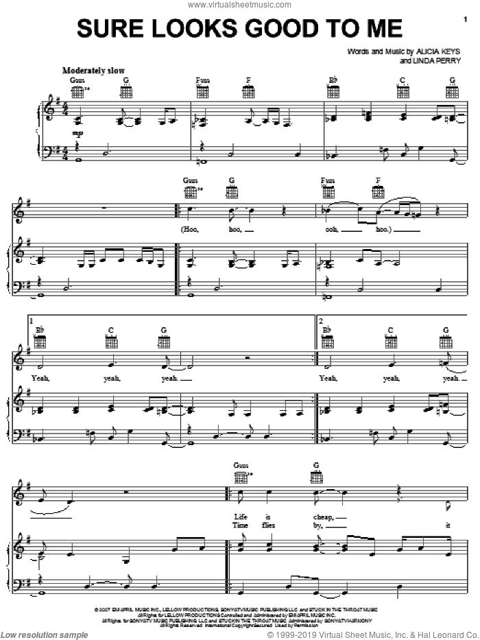 Sure Looks Good To Me sheet music for voice, piano or guitar by Alicia Keys and Linda Perry, intermediate skill level