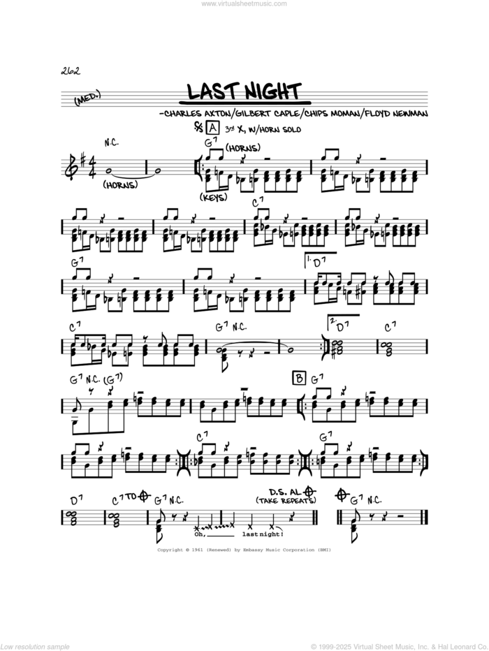 Last Night sheet music for voice and other instruments (real book) by The Mar-Keys, Charles Axton, Chips Moman, Floyd Newman and Gilbert Caple, intermediate skill level