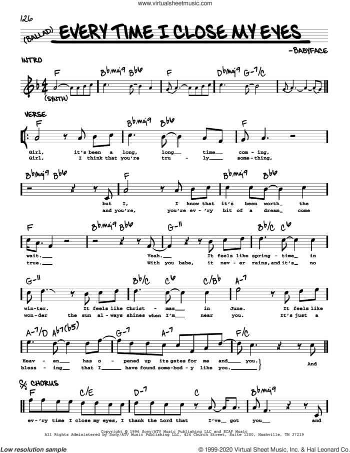 Everytime I Close My Eyes sheet music for voice and other instruments (real book) by Babyface, intermediate skill level