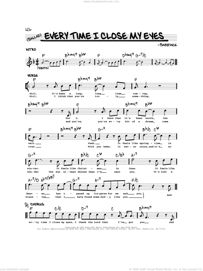 Everytime I Close My Eyes sheet music for voice and other instruments (real book) by Babyface, intermediate skill level