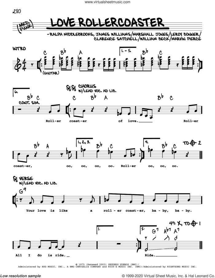 Love Rollercoaster sheet music for voice and other instruments (real book) by Ohio Players, Red Hot Chili Peppers, Clarence Satchell, James L. Williams, Leroy Bonner, Marshall Jones, Marvin R. Pierce, Ralph Middlebrooks and Willie Beck, intermediate skill level