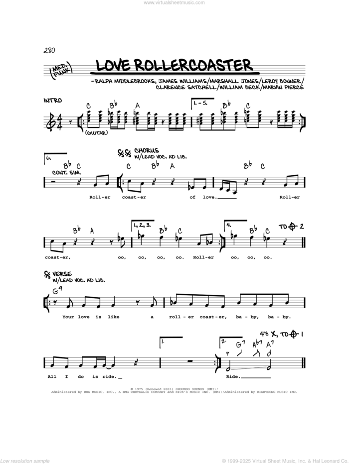 Love Rollercoaster sheet music for voice and other instruments (real book) by Ohio Players, Red Hot Chili Peppers, Clarence Satchell, James L. Williams, Leroy Bonner, Marshall Jones, Marvin R. Pierce, Ralph Middlebrooks and Willie Beck, intermediate skill level