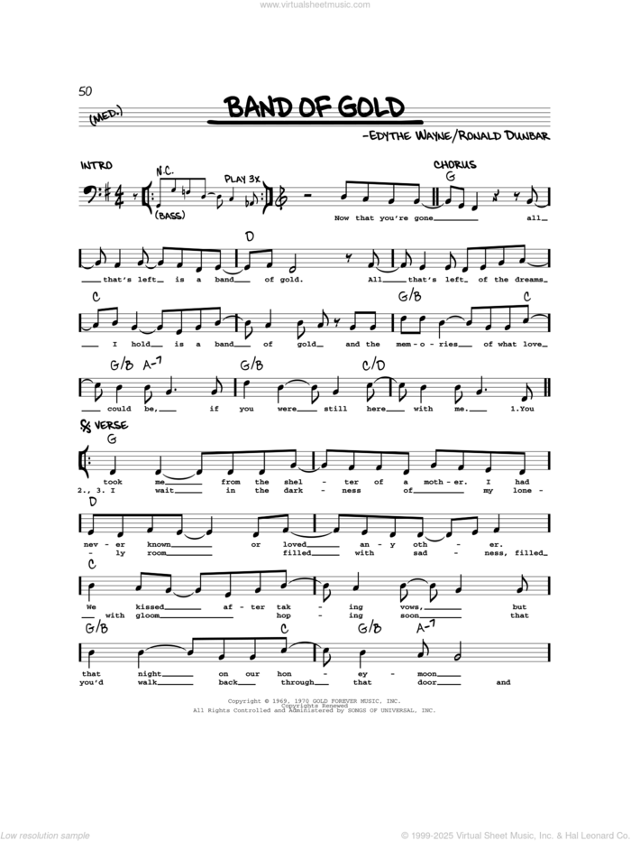 Band Of Gold sheet music for voice and other instruments (real book) by Freda Payne, Don Cherry, Kimberley Locke, Kit Carson, Edythe Wayne and Ronald Dunbar, intermediate skill level