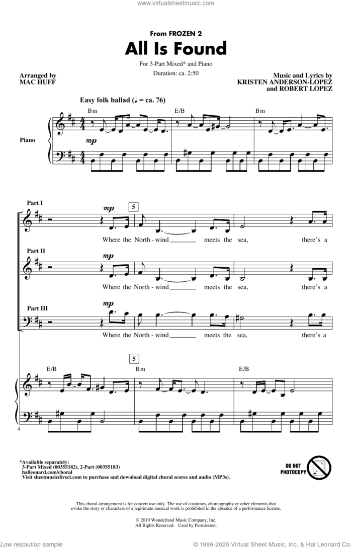 All Is Found (from Disney's Frozen 2) (arr. Mac Huff) sheet music for choir (3-Part Mixed) by Evan Rachel Wood, Mac Huff, Kristen Anderson-Lopez and Robert Lopez, intermediate skill level