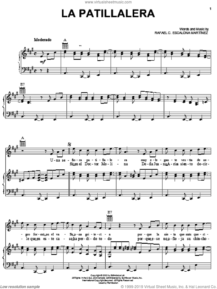 La Patillalera sheet music for voice, piano or guitar by Rafael C. Escalona Martinez, intermediate skill level