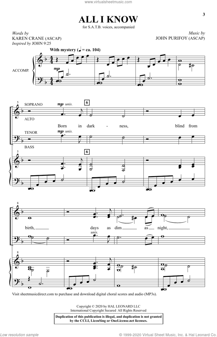 All I Know sheet music for choir (SATB: soprano, alto, tenor, bass) by John Purifoy and Karen Crane and John Purifoy and Karen Crane, intermediate skill level