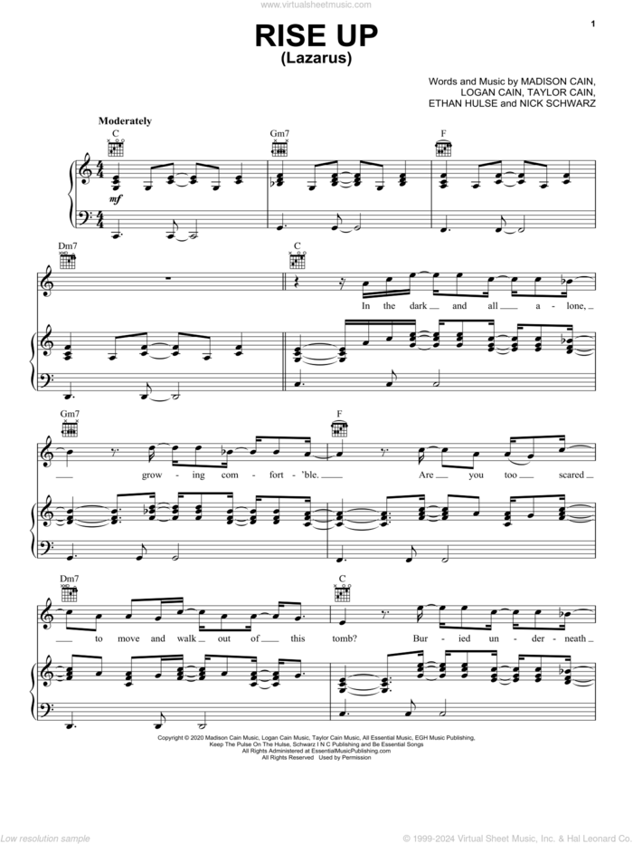 Rise Up (Lazarus) sheet music for voice, piano or guitar by CAIN, Ethan Hulse, Logan Cain, Madison Cain, Nick Schwarz and Taylor Cain, intermediate skill level