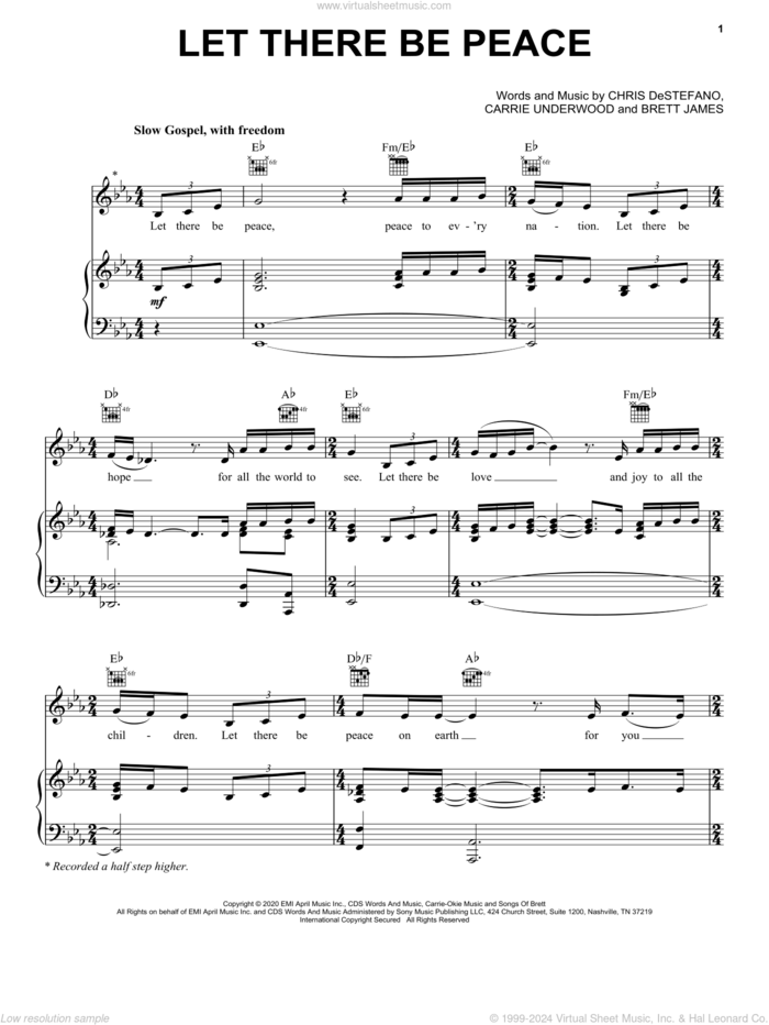 Let There Be Peace sheet music for voice, piano or guitar by Carrie Underwood, Brett James and Chris Destefano, intermediate skill level