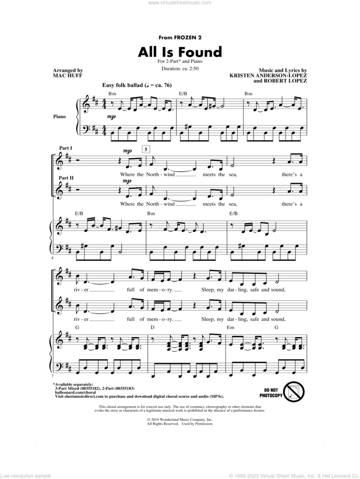 All Is Found (from Disney's Frozen 2) (arr. Mac Huff) sheet music for choir (2-Part) by Evan Rachel Wood, Mac Huff, Kristen Anderson-Lopez and Robert Lopez, intermediate duet