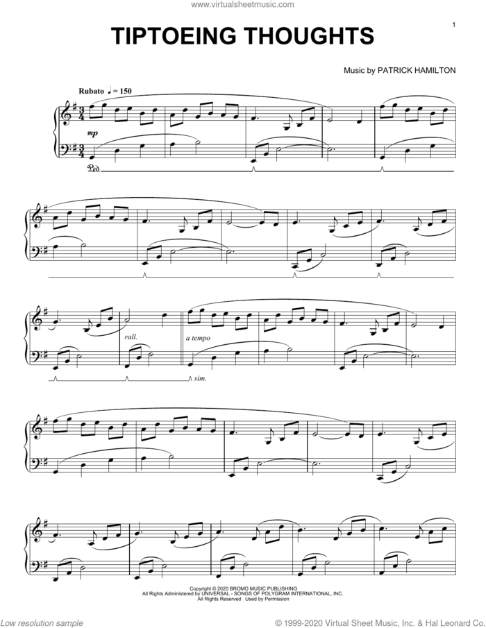 Tiptoeing thoughts sheet music for piano solo by Patrick Hamilton, classical score, intermediate skill level