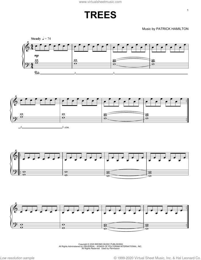 Trees sheet music for piano solo by Patrick Hamilton, classical score, intermediate skill level