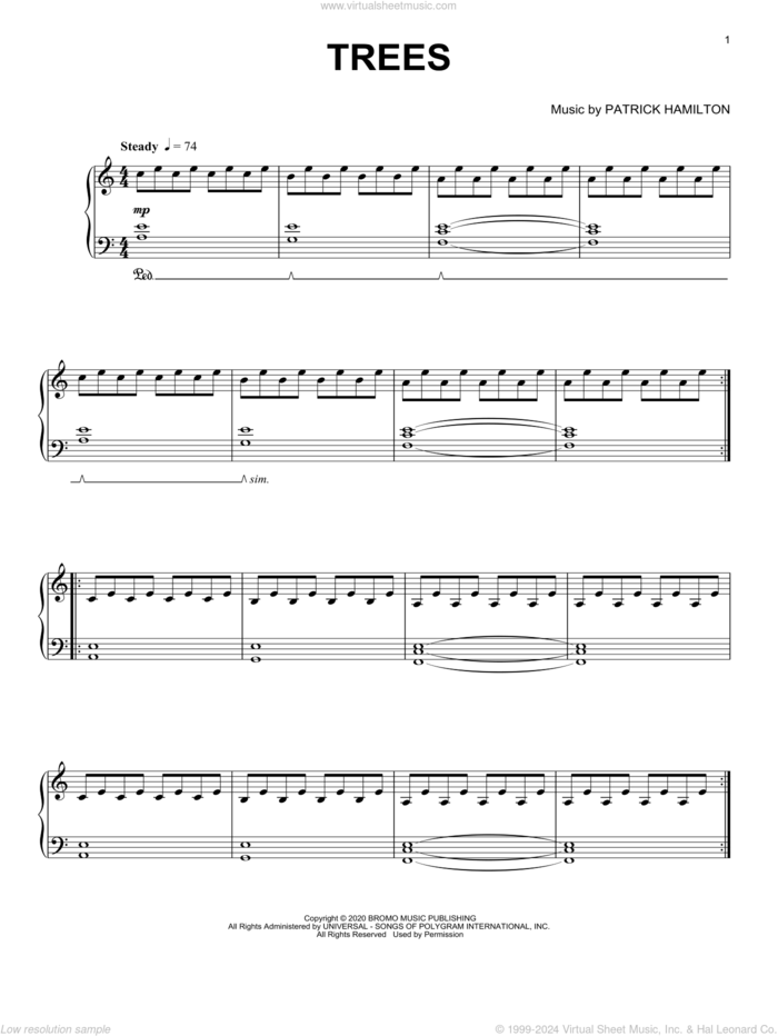 Trees sheet music for piano solo by Patrick Hamilton, classical score, intermediate skill level