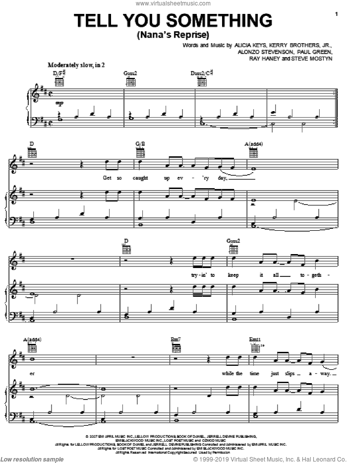 Tell You Something (Nana's Reprise) sheet music for voice, piano or guitar by Alicia Keys, Alonzo Stevenson, Kerry Brothers, Paul Green, Ray Haney and Steve Mostyn, intermediate skill level