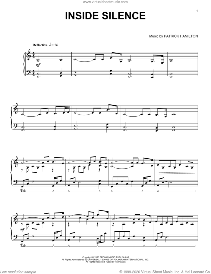 Inside Silence sheet music for piano solo by Patrick Hamilton, classical score, intermediate skill level