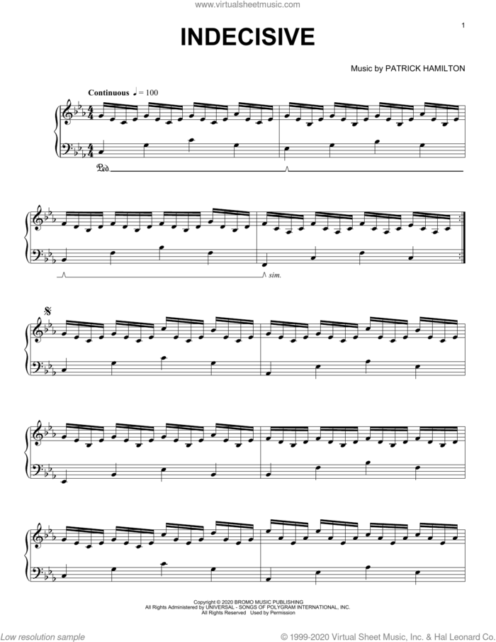 Indecisive sheet music for piano solo by Patrick Hamilton, classical score, intermediate skill level