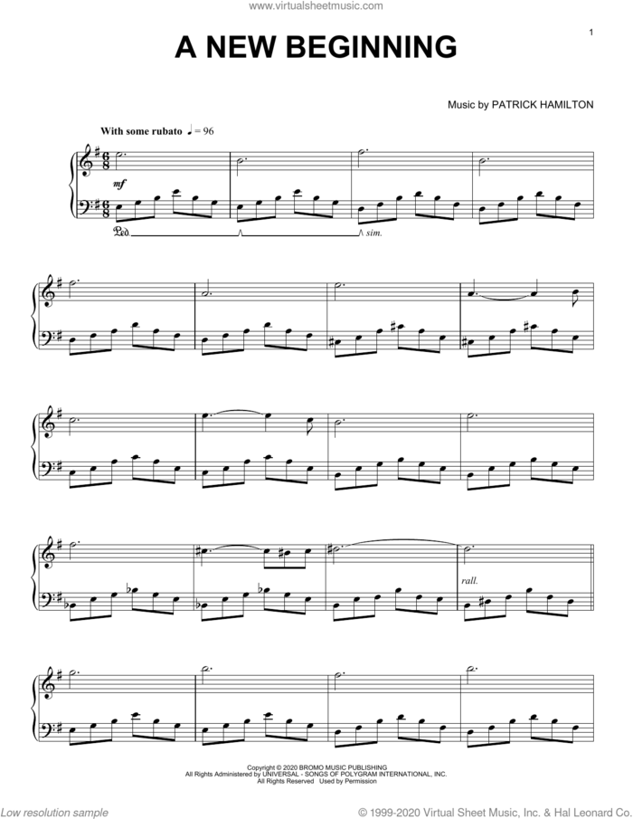 A New Beginning sheet music for piano solo by Patrick Hamilton, classical score, intermediate skill level