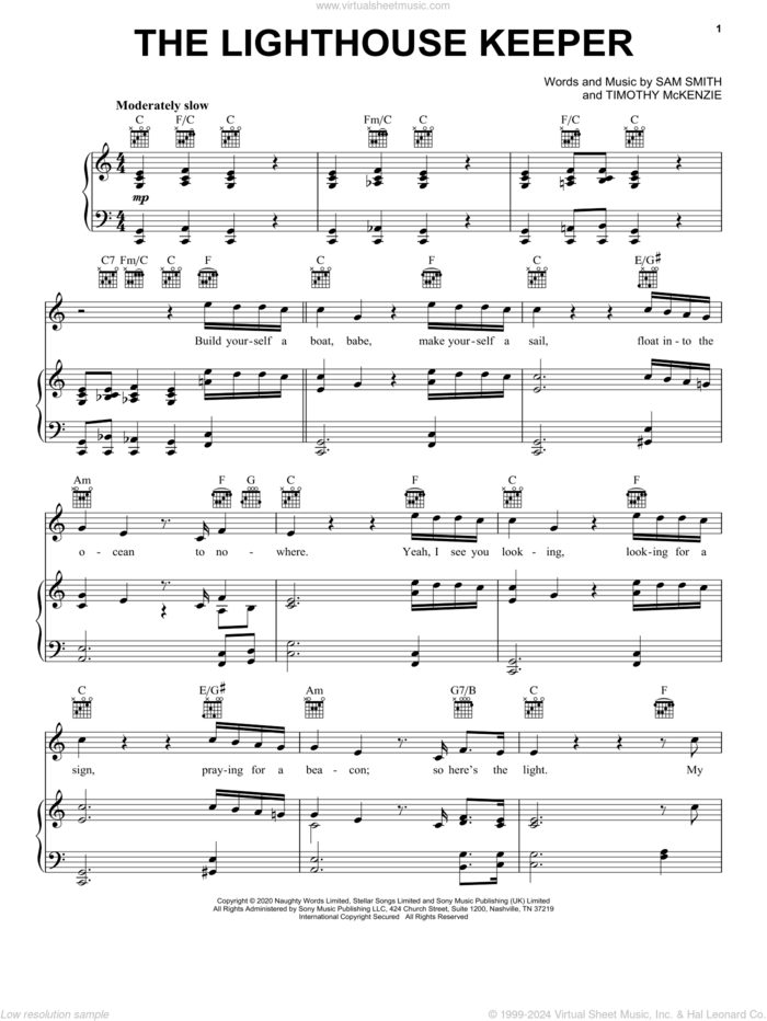 The Lighthouse Keeper sheet music for voice, piano or guitar by Sam Smith and Timothy McKenzie, intermediate skill level