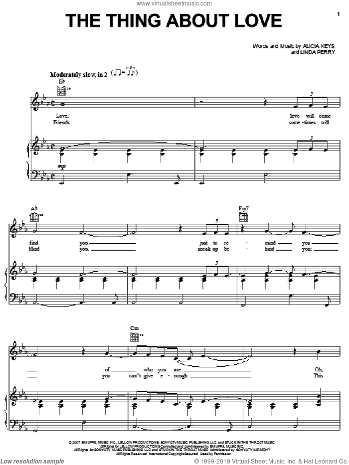 The Thing About Love sheet music for voice, piano or guitar by Alicia Keys and Linda Perry, intermediate skill level