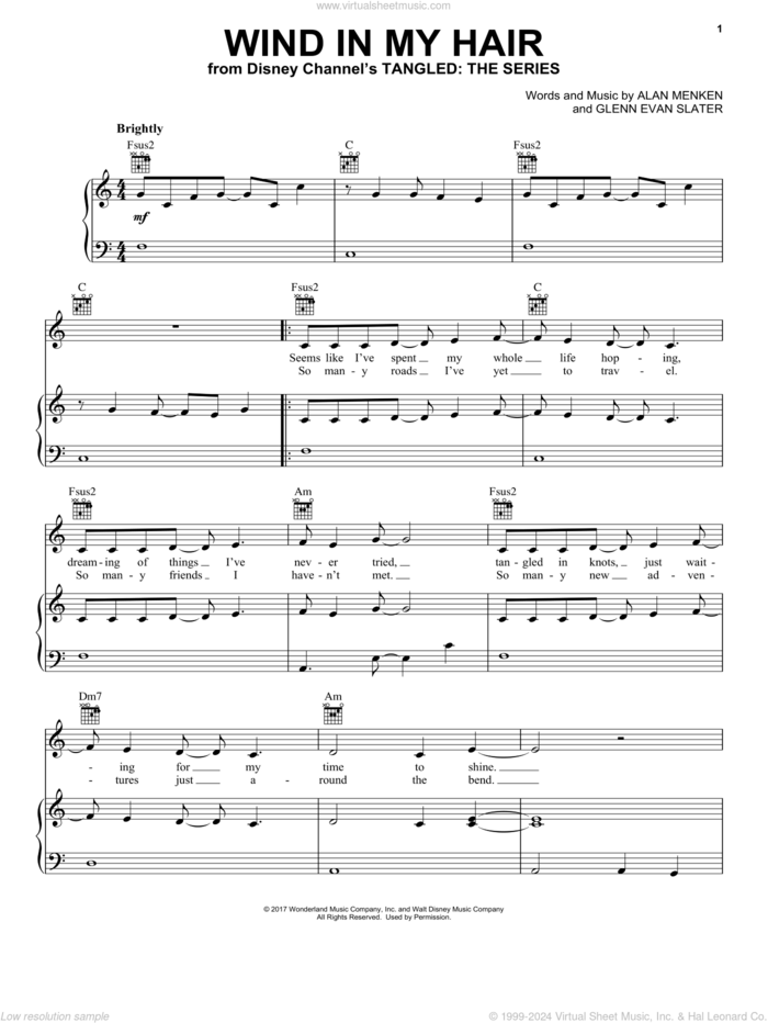 Wind In My Hair (from Tangled: The Series) sheet music for voice, piano or guitar by Alan Menken, Alan Menken & Glenn Evan Slater and Glenn Evan Slater, intermediate skill level