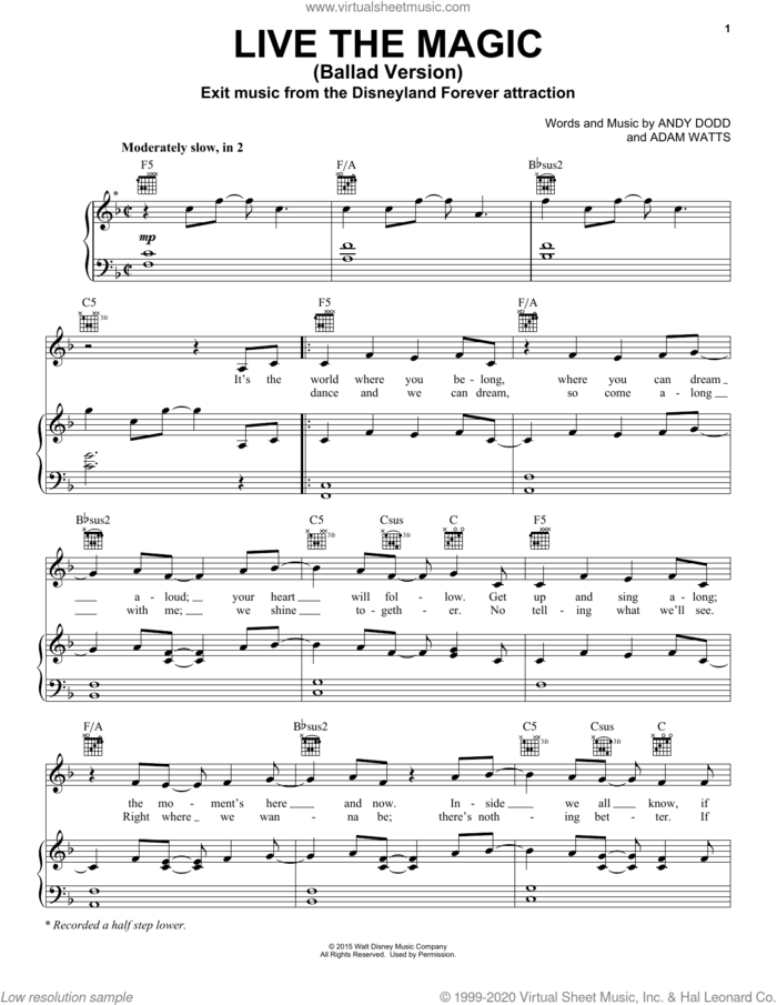 Live The Magic (from Disneyland Forever) sheet music for voice, piano or guitar by Andy Dodd and Adam Watts, intermediate skill level
