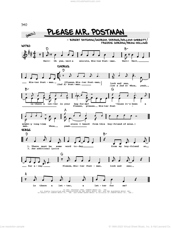 Please Mr. Postman sheet music for voice and other instruments (real book) by The Marvelettes, Carpenters, The Beatles, Brian Holland, Freddie Gorman, Georgia Dobbins, Robert Bateman and William Garrett, intermediate skill level