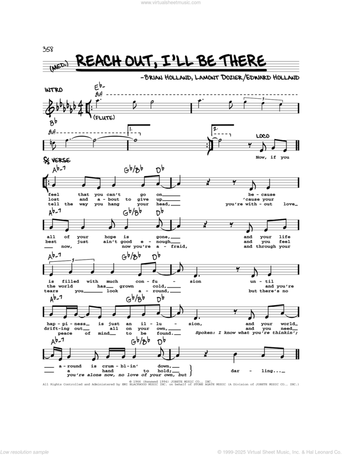 Reach Out I'll Be There sheet music for voice and other instruments (real book) by The Four Tops, Michael McDonald, Brian Holland, Edward Holland Jr. and Lamont Dozier, intermediate skill level