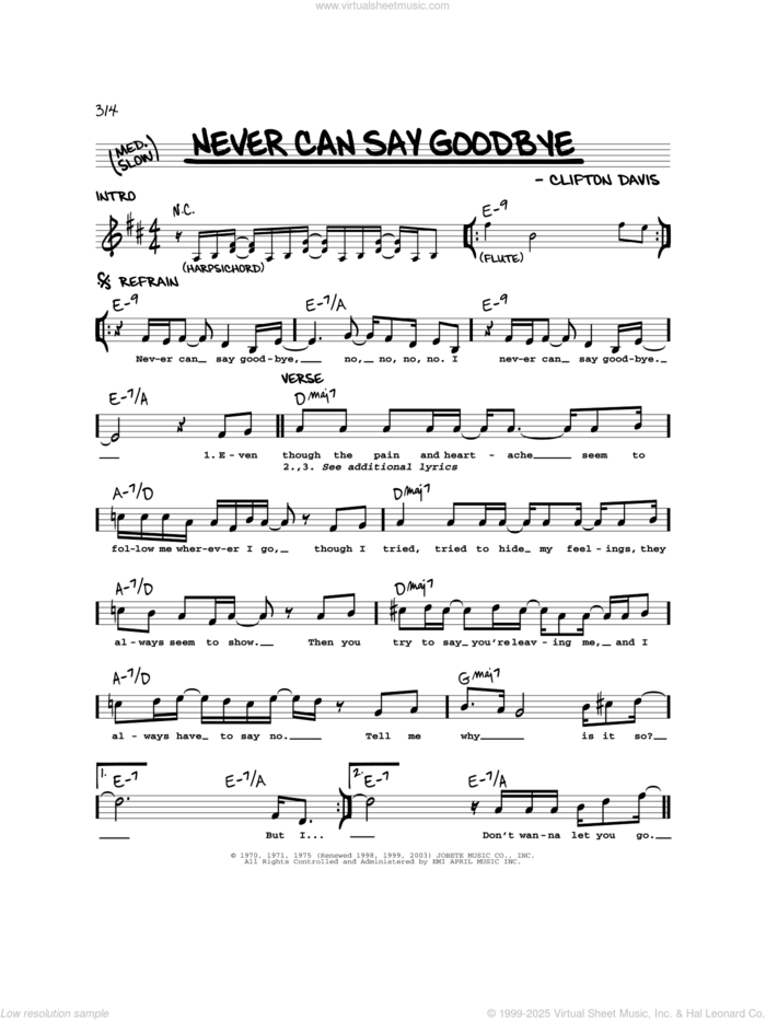 Never Can Say Goodbye sheet music for voice and other instruments (real book) by The Jackson 5, Gloria Gaynor and Clifton Davis, intermediate skill level