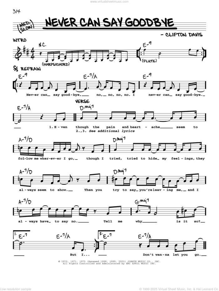 Never Can Say Goodbye sheet music for voice and other instruments (real book) by The Jackson 5, Gloria Gaynor and Clifton Davis, intermediate skill level
