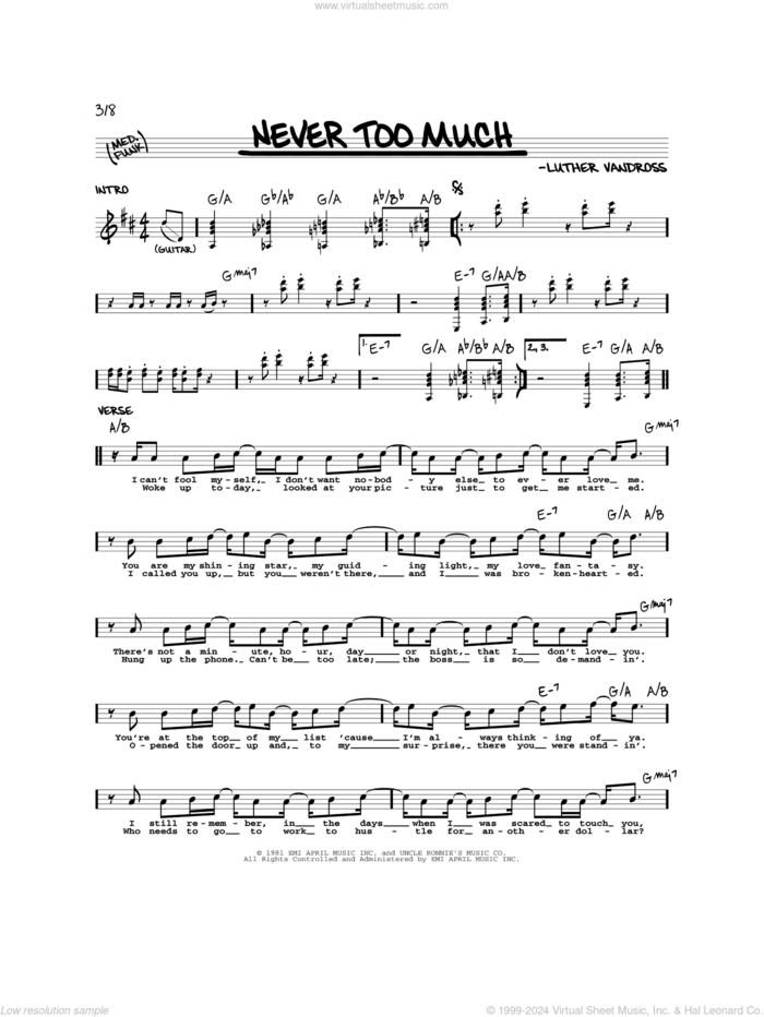 Never Too Much sheet music for voice and other instruments (real book) by Luther Vandross, intermediate skill level