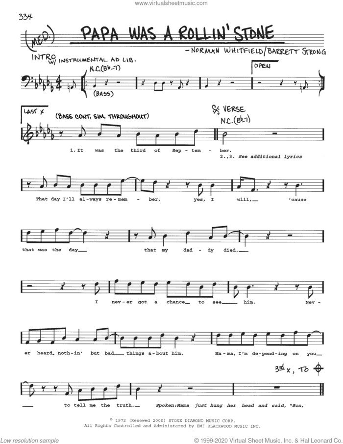 Papa Was A Rollin' Stone sheet music for voice and other instruments (real book) by The Temptations, Barrett Strong and Norman Whitfield, intermediate skill level