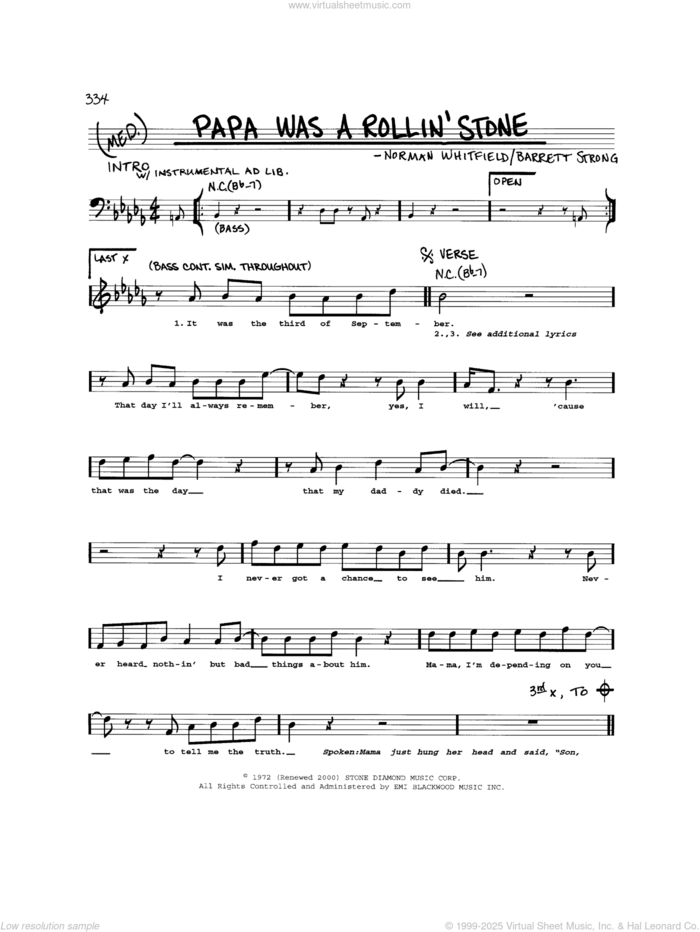 Papa Was A Rollin' Stone sheet music for voice and other instruments (real book) by The Temptations, Barrett Strong and Norman Whitfield, intermediate skill level