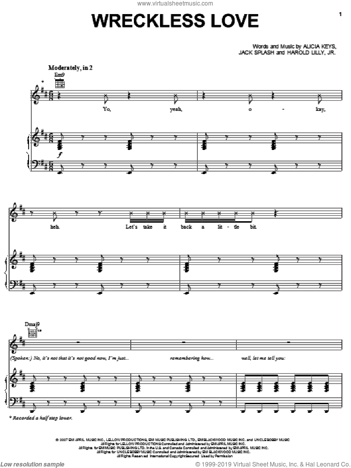 Wreckless Love sheet music for voice, piano or guitar by Alicia Keys, Harold Lilly, Jr. and Jack Splash, intermediate skill level