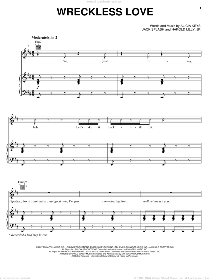 Wreckless Love sheet music for voice, piano or guitar by Alicia Keys, Harold Lilly, Jr. and Jack Splash, intermediate skill level