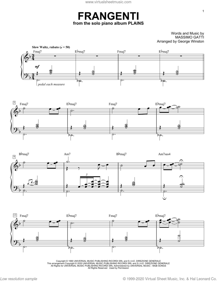 Frangenti sheet music for piano solo by George Winston and Massimo Gatti, intermediate skill level