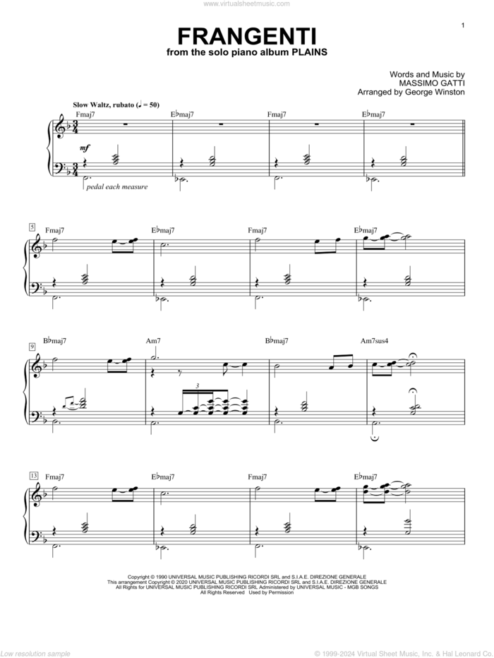 Frangenti sheet music for piano solo by George Winston and Massimo Gatti, intermediate skill level