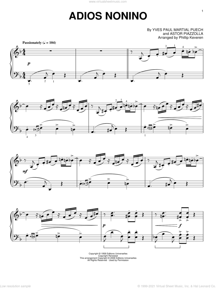 Adios nonino (arr. Phillip Keveren) sheet music for piano solo by Astor Piazzolla and Phillip Keveren, intermediate skill level