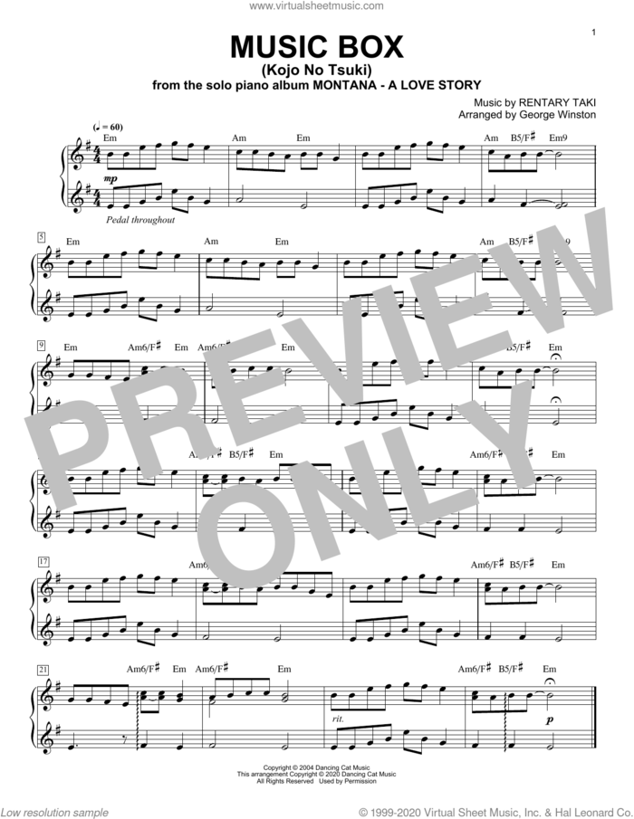 Music Box (Kojo No Tsuki) sheet music for piano solo by George Winston and Rentary Taki, intermediate skill level