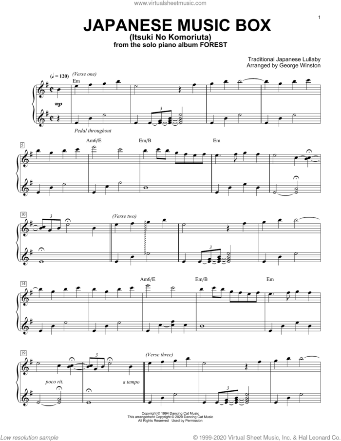 Japanese Music Box (Itsuki No Komoriuta), (intermediate) sheet music for piano solo by George Winston and Traditional Japanese Lullaby, intermediate skill level