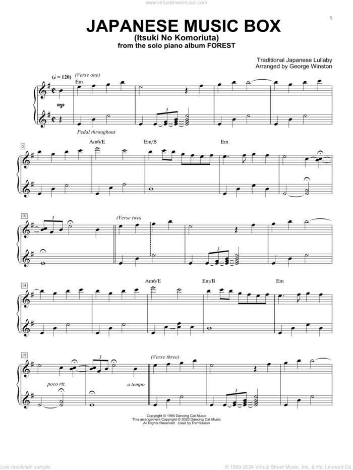 Japanese Music Box (Itsuki No Komoriuta), (intermediate) sheet music for piano solo by George Winston and Traditional Japanese Lullaby, intermediate skill level