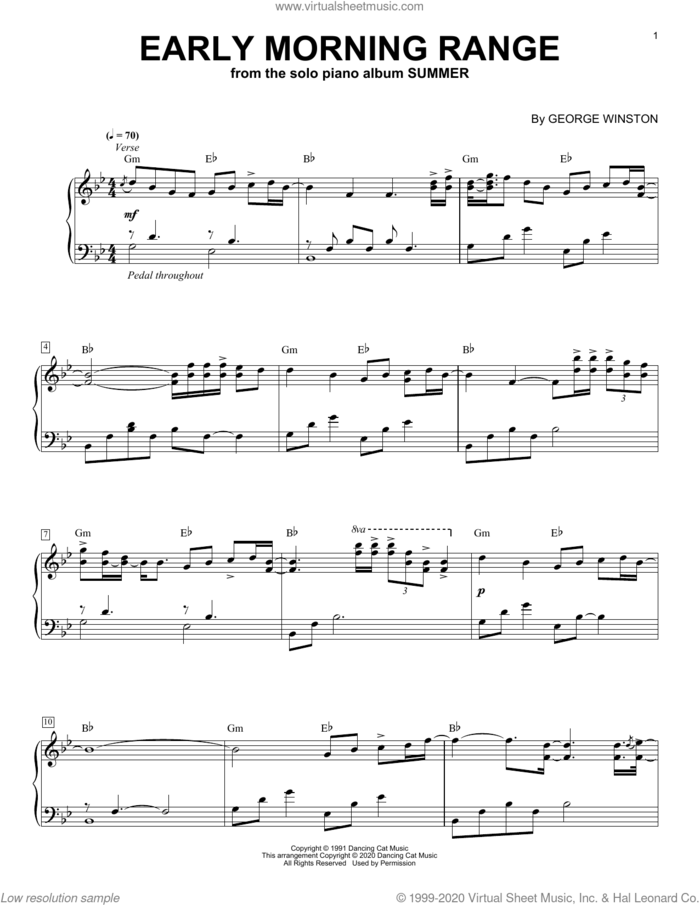 Early Morning Range sheet music for piano solo by George Winston, intermediate skill level