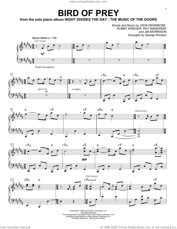 Bird Of Prey sheet music for piano solo by George Winston, The Doors, Jim Morrison, John Densmore, Ray Manzarek and Robby Krieger, intermediate skill level